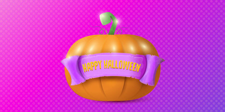 Happy Halloween creative horizontal banner with big orange realistic vector pumpkin and vintage ribbon isolated on violet background. Funky kids Halloween icon or label with Halloween text.のイラスト素材