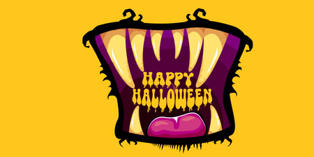 Vector Happy halloween cartoon greeting card with funny zombie monster open mouth with rotten teeth isolated on orange background. Vector Halloween poster and flyer with funny orange monster mouth.のイラスト素材