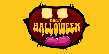 Vector Happy halloween cartoon greeting card with funny zombie monster open mouth with rotten teeth isolated on orange background. Vector Halloween poster and flyer with funny orange monster mouth.のイラスト素材