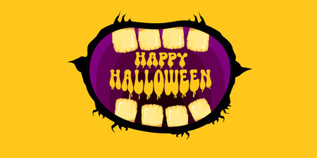 Vector Happy halloween cartoon greeting card with funny zombie monster open mouth with rotten teeth isolated on orange background. Vector Halloween poster and flyer with funny orange monster mouth.のイラスト素材