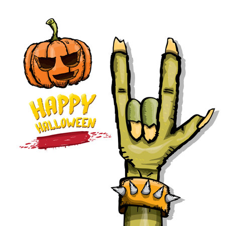 Happy halloween doodle design elements set isolated on white background. vector happy halloween greeting card with zombie hand. vector illustrationのイラスト素材