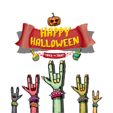 Happy halloween doodle design elements set isolated on white background. vector happy halloween greeting card with zombie hand. vector illustrationのイラスト素材