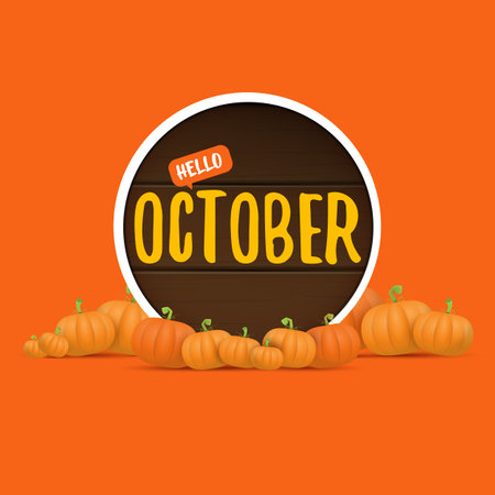 Hello October banner with pumpkins and wooden board with text. Hello october poster, flyer, card design template with pumpkins seedsのイラスト素材