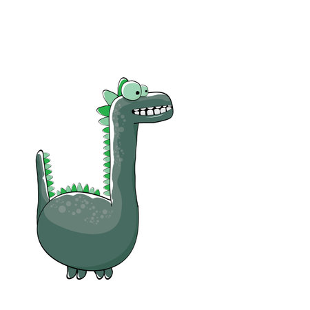vector funny cartoon cute green monster dinosaur isolated on white background. Vector funny green mascot dragon. Hand drawn Dino logo design templateのイラスト素材