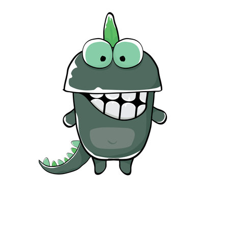vector funny cartoon cute green monster dinosaur isolated on white background. Vector funny green mascot dragon. Hand drawn Dino logo design templateのイラスト素材