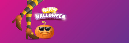 vector halloween party wide banner and poster with witch legs funky pumpkin and greeting text happy halloween on night violet background . Girls legs with stripped stockings and brown shoes.のイラスト素材
