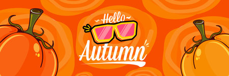 Super Hello Autumn vector banner with text and retro yellow sunglasses isolated on stripped background. Hello Autumn poster design template with cartoon sunglasses, retro rainbow, good vibesのイラスト素材