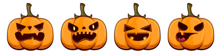 Vector funny Halloween Pumpkins Featuring Various Fun and Creative Expressions. Halloween Pumpkins set isolated on whiteのイラスト素材