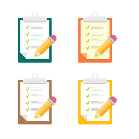 vector cartoon Clipboard icons set with green checkmarks and orange pencil isolated on transparent background. Checklist vector flat style symbol collection. to do list logoのイラスト素材