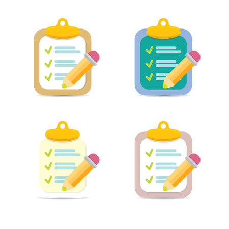 vector cartoon Clipboard icons set with green checkmarks and orange pencil isolated on transparent background. Checklist vector flat style symbol collection. to do list logoのイラスト素材