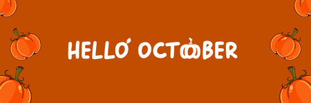 Hello October banner with text and pumpkins isolated on autumn orange background. Hello October sticker, label, autumn banner, poster design templateのイラスト素材
