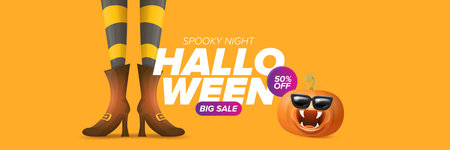 Halloween big sale banner with witch legs and funky pumpkin with sunglasses on happy orange background. Halloween sale poster design templateのイラスト素材