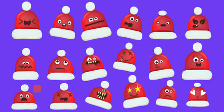 Vector cartoon santa red hat character collection isolated on blue background. Childrens Merry Christmas design elements big set with funky hats. Christmas smile, emoji and sticker collection.のイラスト素材