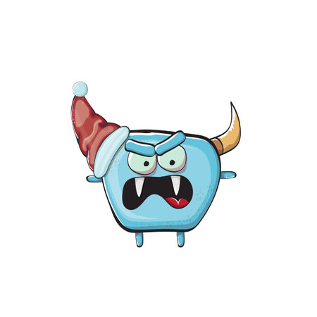 Vector cartoon funky blue monster with Santa Claus red hat isolated on white background. Funny and cute Childrens Merry Christmas greeting card with funny monster elf Santa Claus character.のイラスト素材
