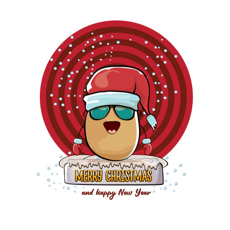 vector funky comic cartoon cute smiling santa claus potato with red santa hat and calligraphic merry christmas text isolated on abstract background with snow. Happy Santa Claus clip artのイラスト素材
