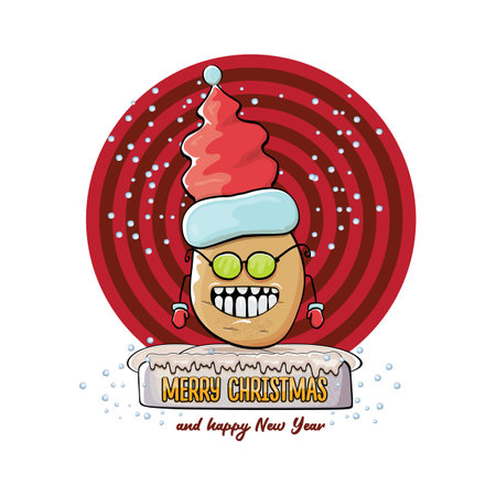 vector funky comic cartoon cute smiling santa claus potato with red santa hat and calligraphic merry christmas text isolated on abstract background with snow. Happy Santa Claus clip artのイラスト素材