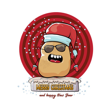 vector funky comic cartoon cute smiling santa claus potato with red santa hat and calligraphic merry christmas text isolated on abstract background with snow. Happy Santa Claus clip artのイラスト素材