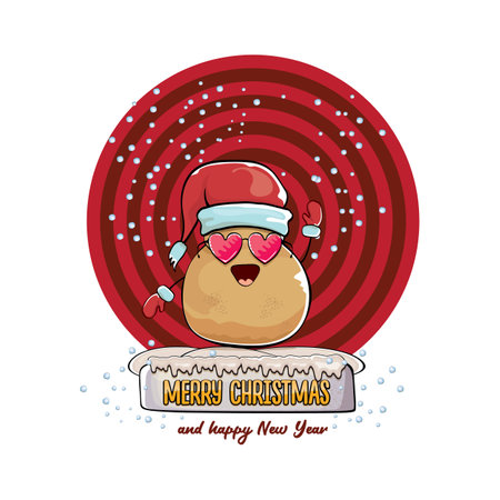 vector funky comic cartoon cute smiling santa claus potato with red santa hat and calligraphic merry christmas text isolated on abstract background with snow. Happy Santa Claus clip artのイラスト素材