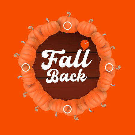 Fall Back 2024. Autumn Daylight saving time ends banner with pumpkins isolated on orange background.のイラスト素材