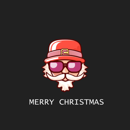 Santa Claus head with Santa red hat and hipster sunglasses isolated on grey Christmas background. Santa Claus label or sticker design. Merry Christmas greeting card templateのイラスト素材