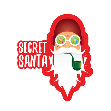 vector secret santa claus with sunglasses label or sticker isolated on white background. Secret santa gift png ideas concept illustrationのイラスト素材