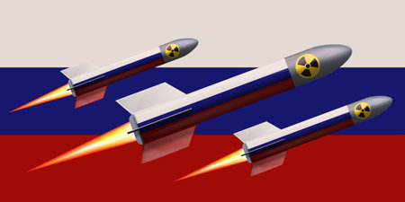 Russia atomic bomb and weapon rocket isolated on russian flag background. Missile is painted in Russian colors with fire from the nozzle and radiation iconのイラスト素材
