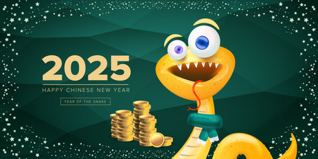 Cartoon snake with scarf symbol of 2025 lunar year. New year illustration. Happy Chinese New Year 2025 illustration vector design with cute and elegant golden snake and golden coins.のイラスト素材