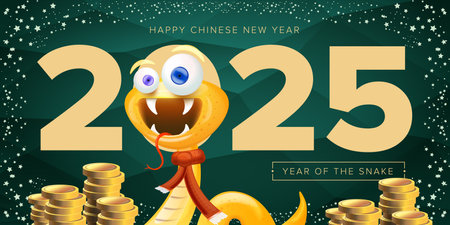 Cartoon snake with scarf symbol of 2025 lunar year. New year illustration. Happy Chinese New Year 2025 illustration vector design with cute and elegant golden snake and golden coins.のイラスト素材