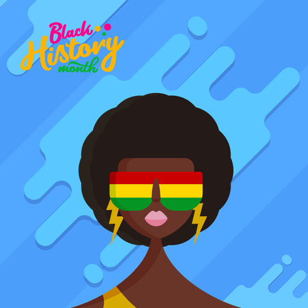 Black history month square banner with stylized afro American woman face isolated on blue background. Black history month poster, flyer, background with pretty african modern girl with sunglassesのイラスト素材