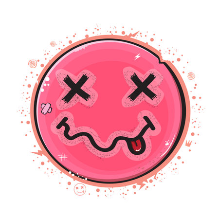Grunge smile pink sticker isolated on white. Grunge face png sticker and t shirt print. Rock star sign, symbol and icon with funky faceのイラスト素材