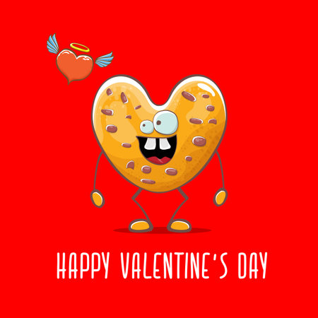 vector funny hand drawn valentines day greeting card with homemade chocolate chip heart shape cookie character isolated on red background. Happy Valentines day cartoon red banner or poster.のイラスト素材