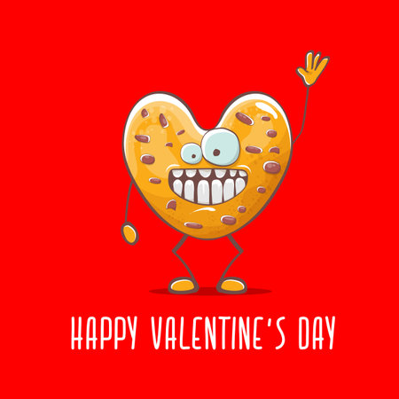 vector funny hand drawn valentines day greeting card with homemade chocolate chip heart shape cookie character isolated on red background. Happy Valentines day cartoon red banner or poster.のイラスト素材