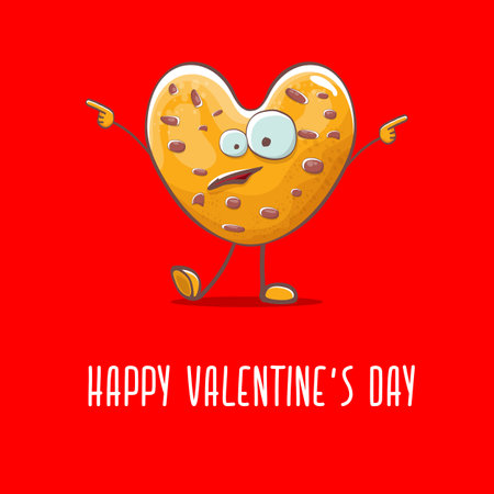 vector funny hand drawn valentines day greeting card with homemade chocolate chip heart shape cookie character isolated on red background. Happy Valentines day cartoon red banner or poster.のイラスト素材