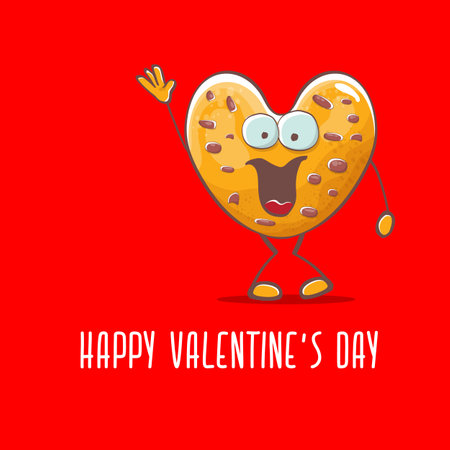 vector funny hand drawn valentines day greeting card with homemade chocolate chip heart shape cookie character isolated on red background. Happy Valentines day cartoon red banner or poster.のイラスト素材