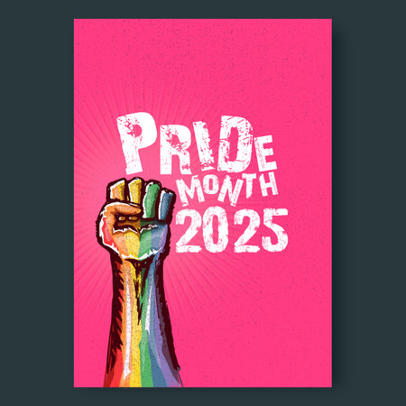 Happy pride month 2025 poster with Rised LGBT fist colored in lgbt flag isolated on pink background. LGBT Pride month 2025 perfect background for posters, cover art, flyer, sticker and banner.のイラスト素材