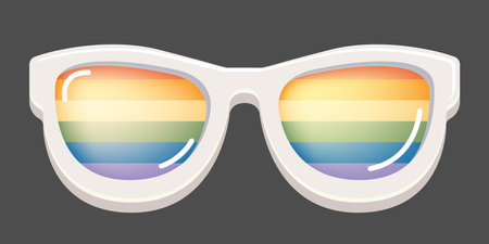 LGBT sunglasses retro groovy hipster style with pride rainbow lens and white frame isolated on grey background. Retro vintage Pride day, LGBT and LGBTQ sunglasses icon, sticker, poster and labelのイラスト素材