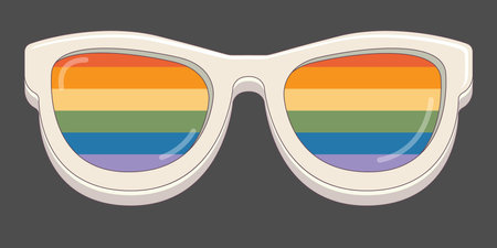 LGBT sunglasses retro groovy hipster style with pride rainbow lens and white frame isolated on grey background. Retro vintage Pride day, LGBT and LGBTQ sunglasses icon, sticker, poster and labelのイラスト素材