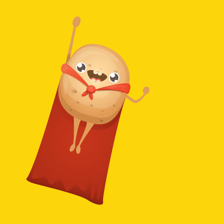 Cartoon potato clip art. vector cartoon cute flying super hero potato with red hero cape isolated on yellow background. Superhero vegetable potato kawaii food funky character fly in skyのイラスト素材
