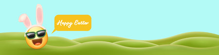 Happy easter funny horizontal banner with cartoon 3d smile face with rabbit ears and sunglasses on green field with blue sky. Vector 3d square happy eater poster, flyer, banner, label and backgroundのイラスト素材