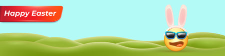 Happy easter funny horizontal banner with cartoon 3d smile face with rabbit ears and sunglasses on green field with blue sky. Vector 3d square happy eater poster, flyer, banner, label and backgroundのイラスト素材