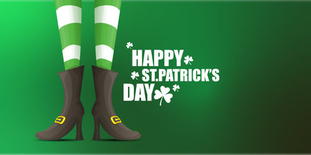 Saint Patricks day horizontal banner with leprechaun girls legs with green striped stocking on dark green modern gradient background with clovers. Saint Patrick day banner, poster design templateのイラスト素材