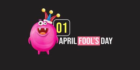 April Fools day funky horizontal banner with silly pink clown monster character isolated on black background. 1 st april fool day banner, poster, label, flyer and greeting card. Fool day printのイラスト素材