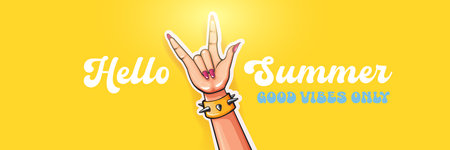Hello Summer Rock On Vector Female Hand with Devil Horns, Spiked Bracelet and Pink Nails on Yellow Background with Good Vibes Only Text, Cheerful Summer Designのイラスト素材