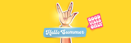 Hello Summer Rock On Vector Female Hand with Devil Horns, Spiked Bracelet and Pink Nails on Yellow Background with Good Vibes Only Text, Cheerful Summer Designのイラスト素材
