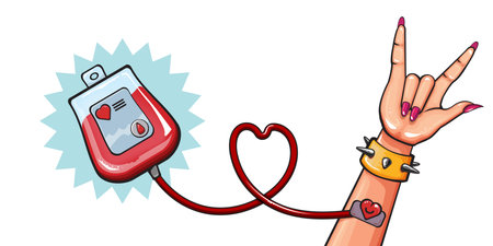 Blood bag with medical sign and woman hand with rock n roll gesture vector illustration. Blood donation graphic concept poster and banner. World blood donor day June 14.のイラスト素材