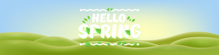 Hello Spring Green Hills Vector Lush Landscape with Cheerful Typography, Bright Seasonal Design for Springtime Greetings and Nature-Themed Projectsのイラスト素材