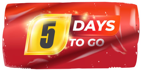 Five Days To Go Vector: Bold White Numerals on Dynamic Red and Yellow Background, Modern Countdown Design for Anticipated Events and Imminent Deadlines, Perfect for Marketingのイラスト素材