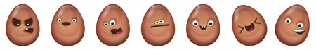 Chocolate Easter Eggs set - Cartoon Characters with Varied Facial Expressions, Humorous Holiday Set for Spring Celebrations and Easter Greetingsのイラスト素材