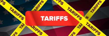 American tariffs and US government taxation vector banner. Usa trade war and war policy, duties imposed on imports and exports. New tariffs for countriesのイラスト素材