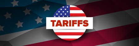 American tariffs and US government taxation vector banner. Usa trade war and war policy, duties imposed on imports and exports. New tariffs for countriesのイラスト素材